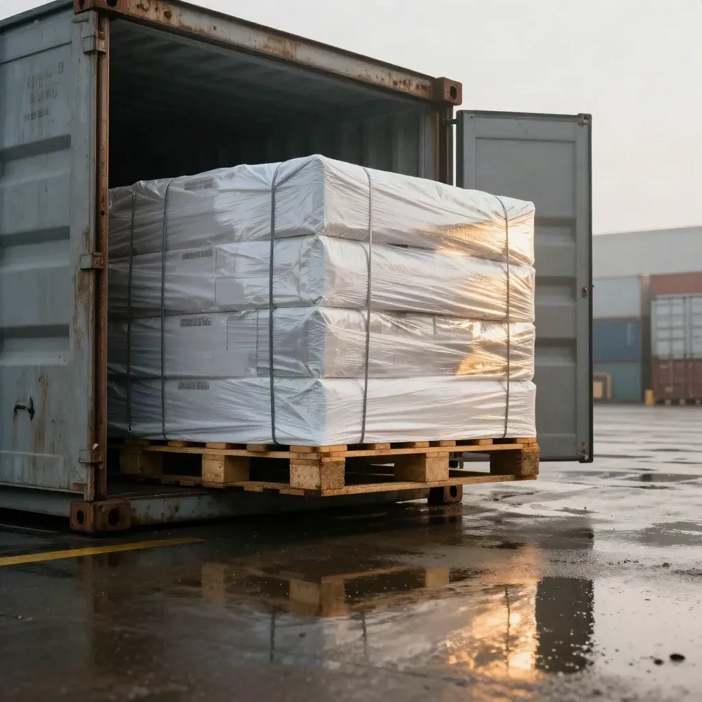 Wet warehouse dock with export pallets sliding into a container at dusk.