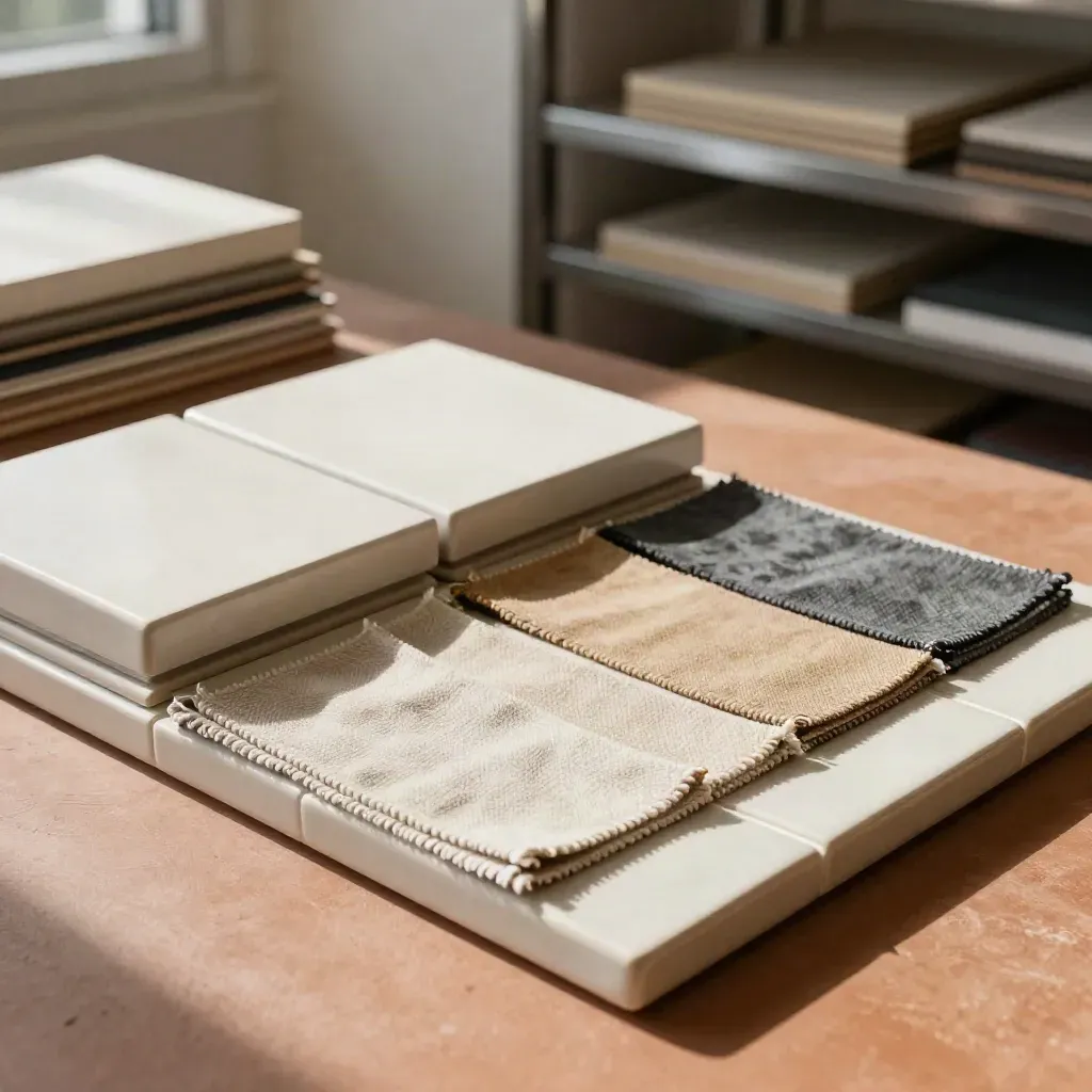 Sample boxes, ceramic tile and textile swatches on a tray in a warm trade-sourcing studio.