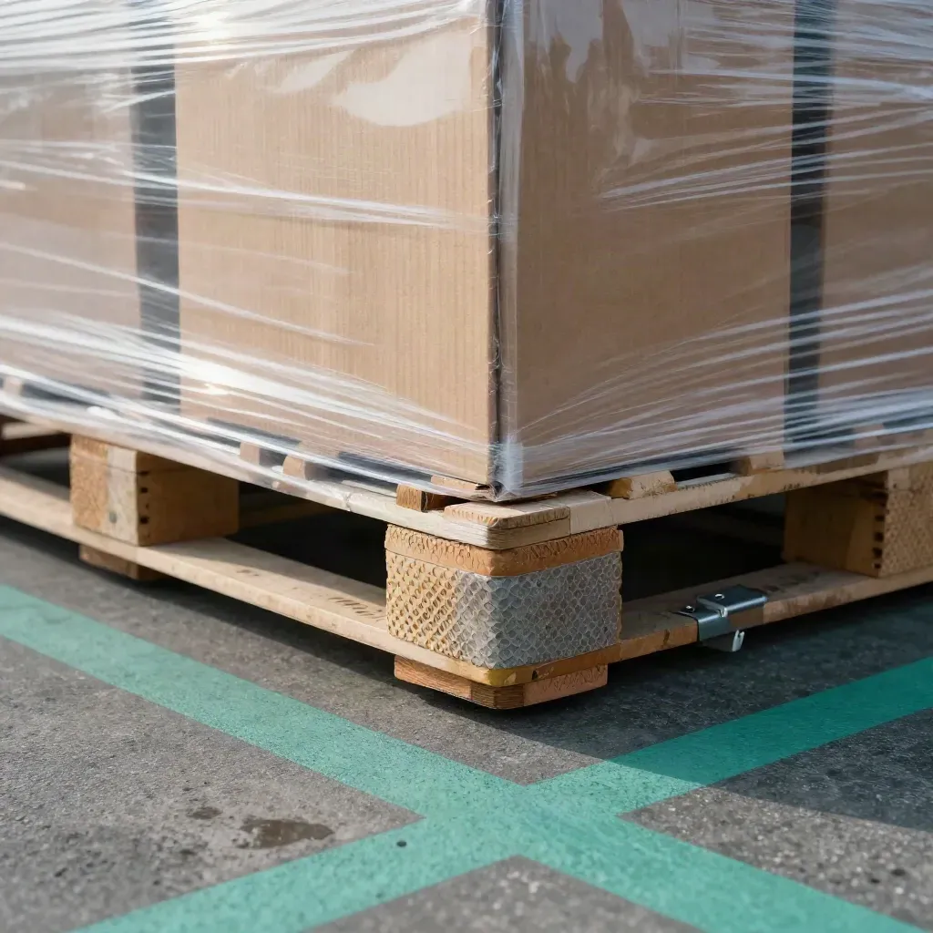 Macro of export cartons, pallet wrap and dock lane markers in a humid warehouse