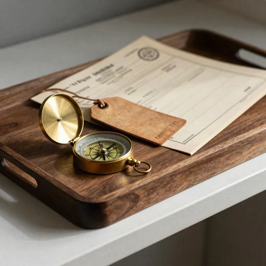 Brass compass, cargo tag, and sealed folder on a dark wood tray in soft side light.