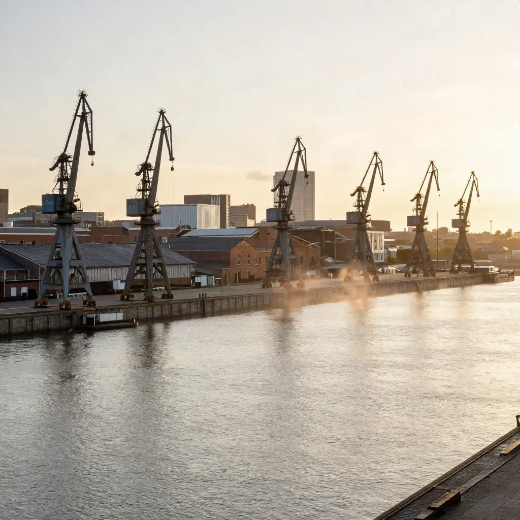 Rotterdam harbor skyline at sunset with cranes over calm water and haze